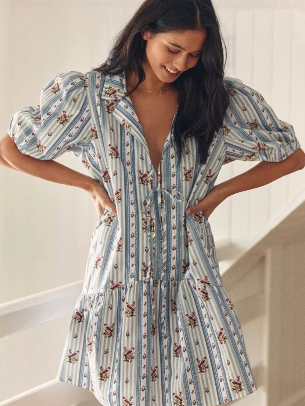 NWT Anthropologie LoveBird XS Bird Floral Stripe Puff Sleeve Mini Dress